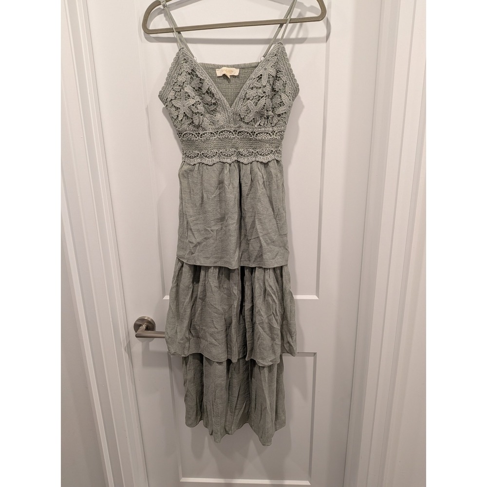Rebellion Again Sage Green Crochet Lace Tiered Maxi Dress M